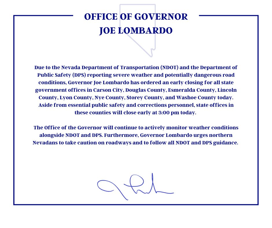 Nevada Governor Orders Early Closure of State Offices in Response to